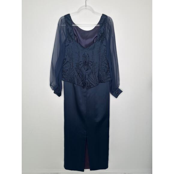 1990s Eve of Milady Navy Beaded Evening Dress with Sheer Sleeves M - L - Picture 4 of 14